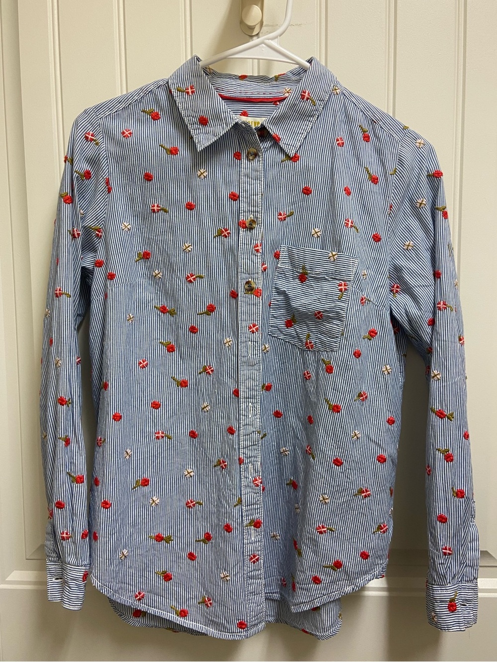 Anthropologie Maeve Striped Button-Down Shirt with Red Floral Embroidery